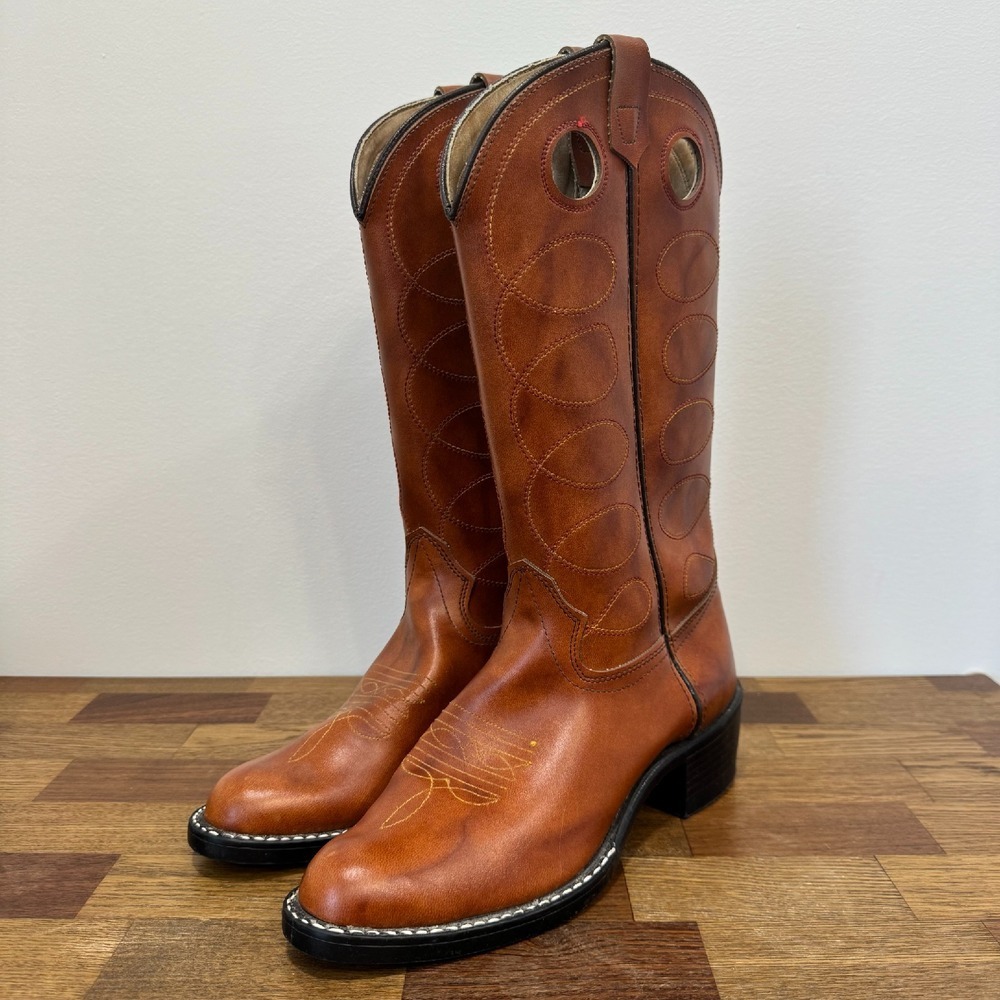 Bronco Womens Western Boots 8.5 Leather Made‎ in USA Mid Calf Cowboy Brown